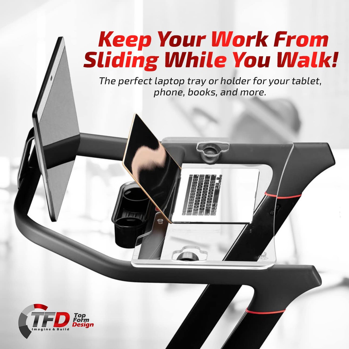 TFD The Tread Tray 2.0 | Kompatibel mit Peloton Tread (NICHT kompatibel mit Tread Plus), Hergestellt in den USA | Halterung für Laptop, Tablet, Smartphone und Buch (Transparent)