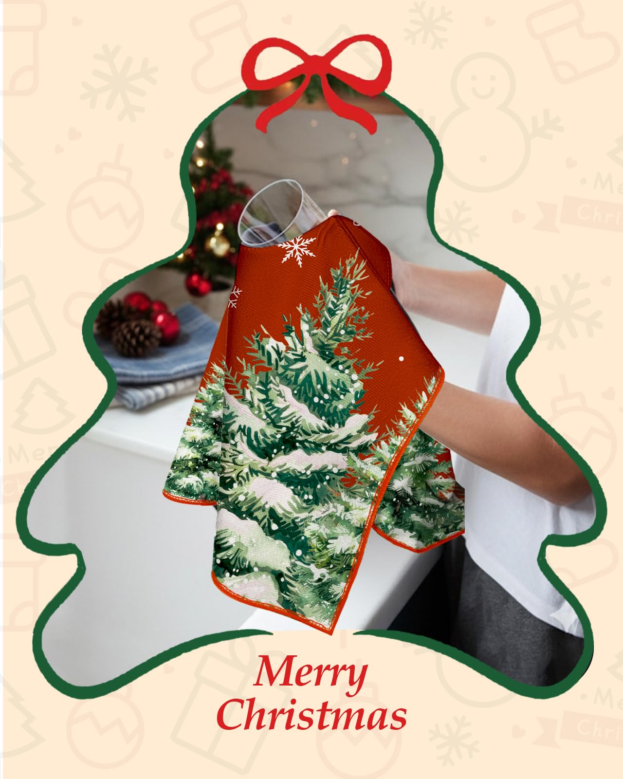 Miss Adola Weihnachts-Küchenhandtücher – Weihnachtliches Design, 45 x 65 cm, saugfähige Mikrofaser-Geschirrtücher (2 Stück) für die Küche, niedliche Weihnachtsmotive mit Weihnachtsbaum und Schneemann, ideal zum Dekorieren, Verschenken und Einweihen.