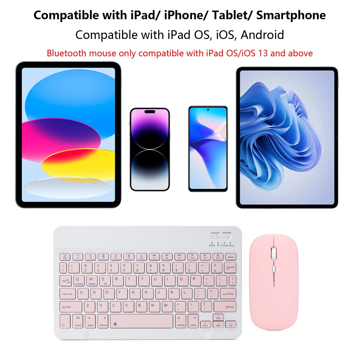 Wiederaufladbare Bluetooth-Tastatur und -Maus-Kombination für iPad, ultradünne, tragbare kabellose Maus-Tastatur für iPad Pro, Air, Mini, iPhone, Samsung Tablet, Handy, Android, iPadOS/iOS 13 und höher (Pink)