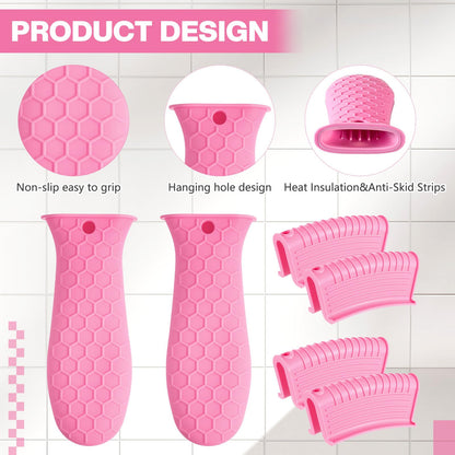 Patelai 8 Pcs Silicone Pot Holders Set Cast Iron Handle Cover Heat Resistant Pot Handle Covers Potholder Non Slip Reusable Pan Sleeve for Frying Pan Kitchen Supplies(Black)