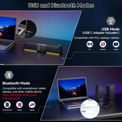 SENZER CS20 2-in-1 Bluetooth-Computerlautsprecher für Desktop-PCs, USB-Plug-&amp;-Play-Lautsprecher mit klarem Klang, RGB-Beleuchtung, Monitor-Soundbar mit Lautstärkeregler, Gaming-Lautsprecher für PC, Laptop, Smartphone und Tablet