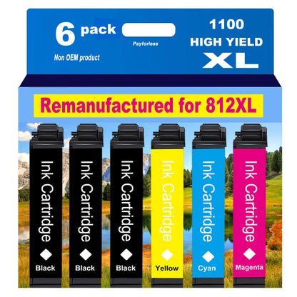 PayForLess for 812XL Remanufactured for Epson 812XL Ink cartridges Combo Pack 812 XL T812 for Workforce Pro WF-7840 WF-7820 WF-7310 EC-C7000 Printer 6 Pack 3 Black 1 Cyan 1 Magenta 1 Yellow