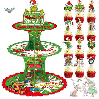 Tentaquil Green 3-stöckiger Cupcake-Ständer und 12 Cupcake-Topper, Weihnachts-Cupcake-Halter, Weihnachts-Cupcake-Dekorationen, Whoville-Weihnachtsdekorationen, Weihnachtsparty-Zubehör