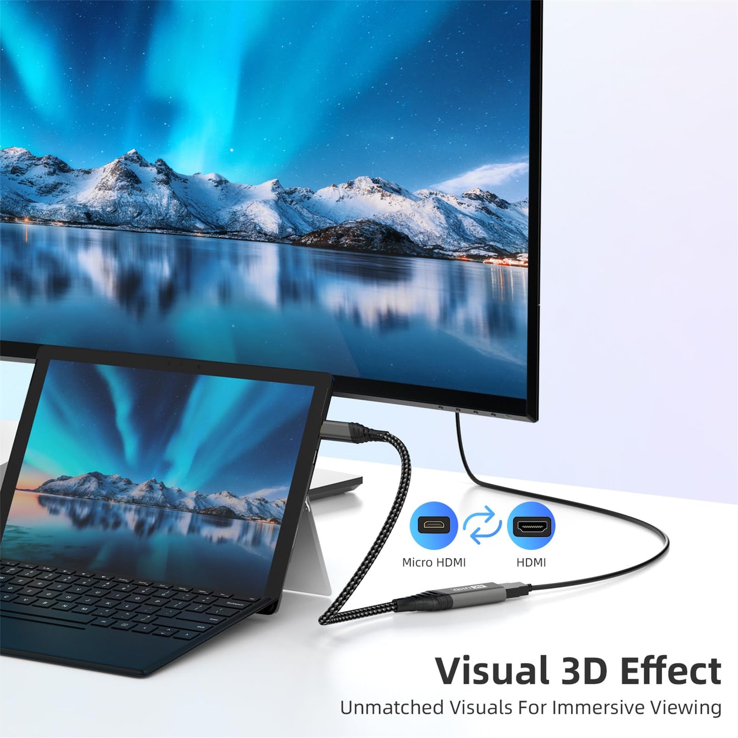 Micro-HDMI-auf-HDMI-Adapter, 4K@60Hz 3D 1080p, Typ-D-auf-A-Adapterkabel mit Unterstützung für Ethernet, 3D, HDR und ARC, kompatibel mit Raspberry Pi 5/4, Hero, Kameras A6300 und A6400, Yoga, ODROID usw.