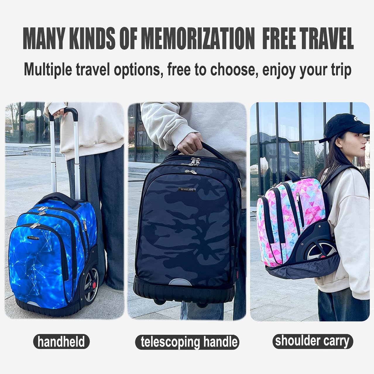 Rollrucksack, 55 l (14,5 gal) Rucksack mit Rollen für Geschäftsreisen, wasserdichter Rucksack mit zwei Tragegriffen und leisen großen Rollen, Handgepäckrucksack mit Laptopfach (Schwarz, 22 Zoll)