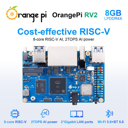Orange Pi RV2 8GB RAM LPDDR4X RISC V 8 Core 2Tops KI Arithmetik Power Entwicklungsboard, Wi-Fi 5+BT 5 mit BLE-Unterstützung Einplatinencomputer läuft mit Ubuntu24.04 (8GB)