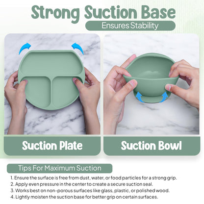 O'doe 17-teiliges BPA-freies Silikon-Baby-Fütterungsset | Dicke und weiche Saugnapfteller, Babyschalen, Holzgabel und -löffel und mehr | Macht die Mahlzeiten für Ihr Kleines einfach und unterhaltsam (Grün, V2)