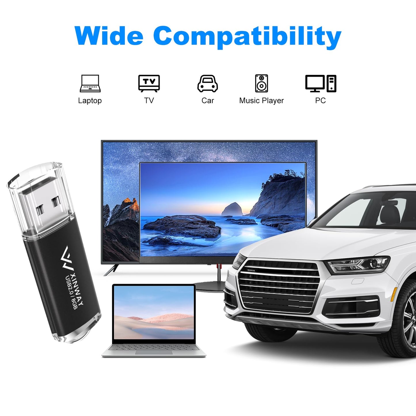 XINWAY 8 GB USB 2.0 Flash-Laufwerk, 5er-Pack, verschiedene Farben: Schwarz, Blau, Grün, Gold, Lila