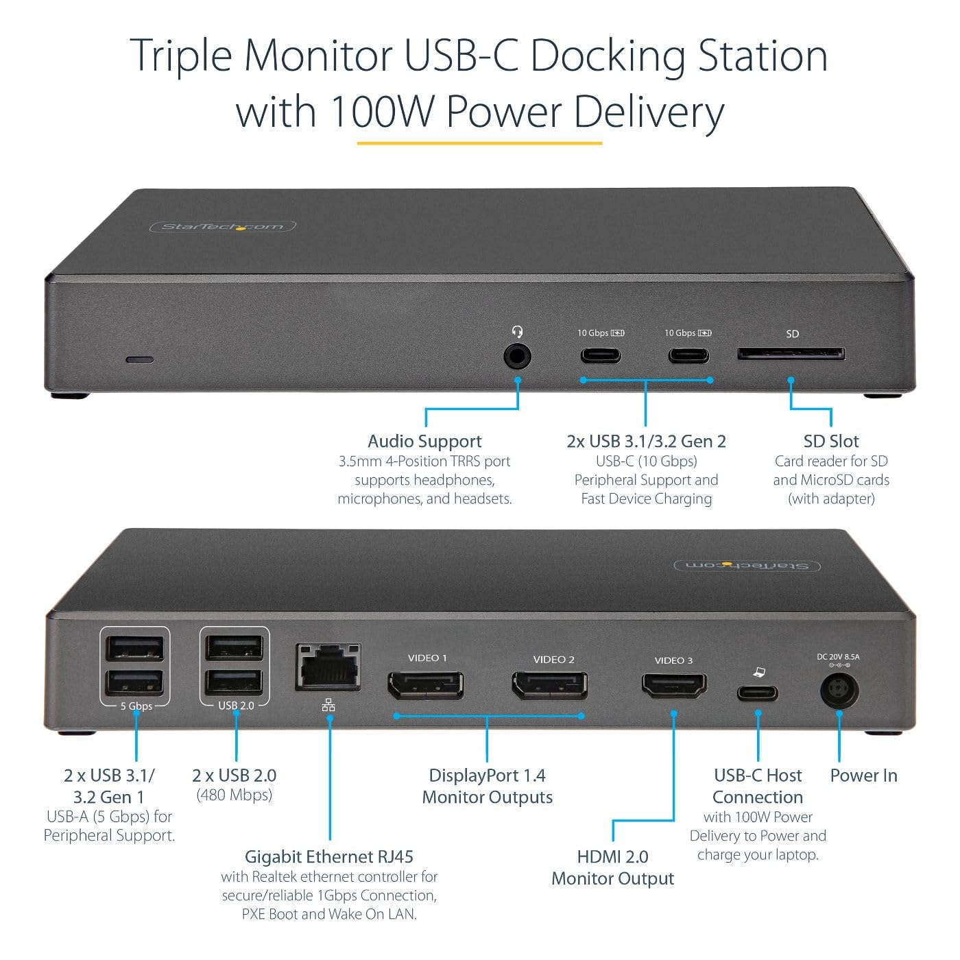 StarTech.com USB-C-Dockingstation – Dockingstation für drei 4K-Monitore mit USB Typ-C – 100 W Stromversorgung – DP 1.4 Alt Mode &amp; DSC, 2x DisplayPort 1.4/HDMI 2.0 – 6x USB (2x 10 Gbit/s), SD – Windows/Chrome (DK31C2DHSPD)