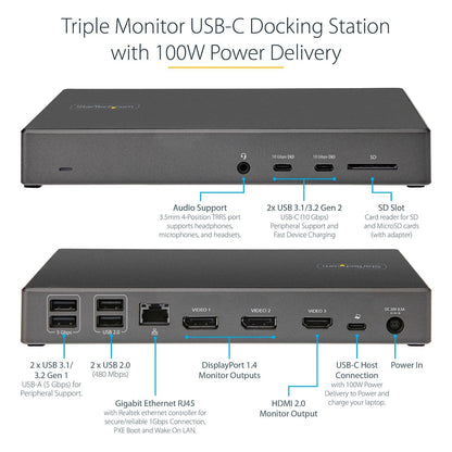 StarTech.com USB-C-Dockingstation – Dockingstation für drei 4K-Monitore mit USB Typ-C – 100 W Stromversorgung – DP 1.4 Alt Mode &amp; DSC, 2x DisplayPort 1.4/HDMI 2.0 – 6x USB (2x 10 Gbit/s), SD – Windows/Chrome (DK31C2DHSPD)
