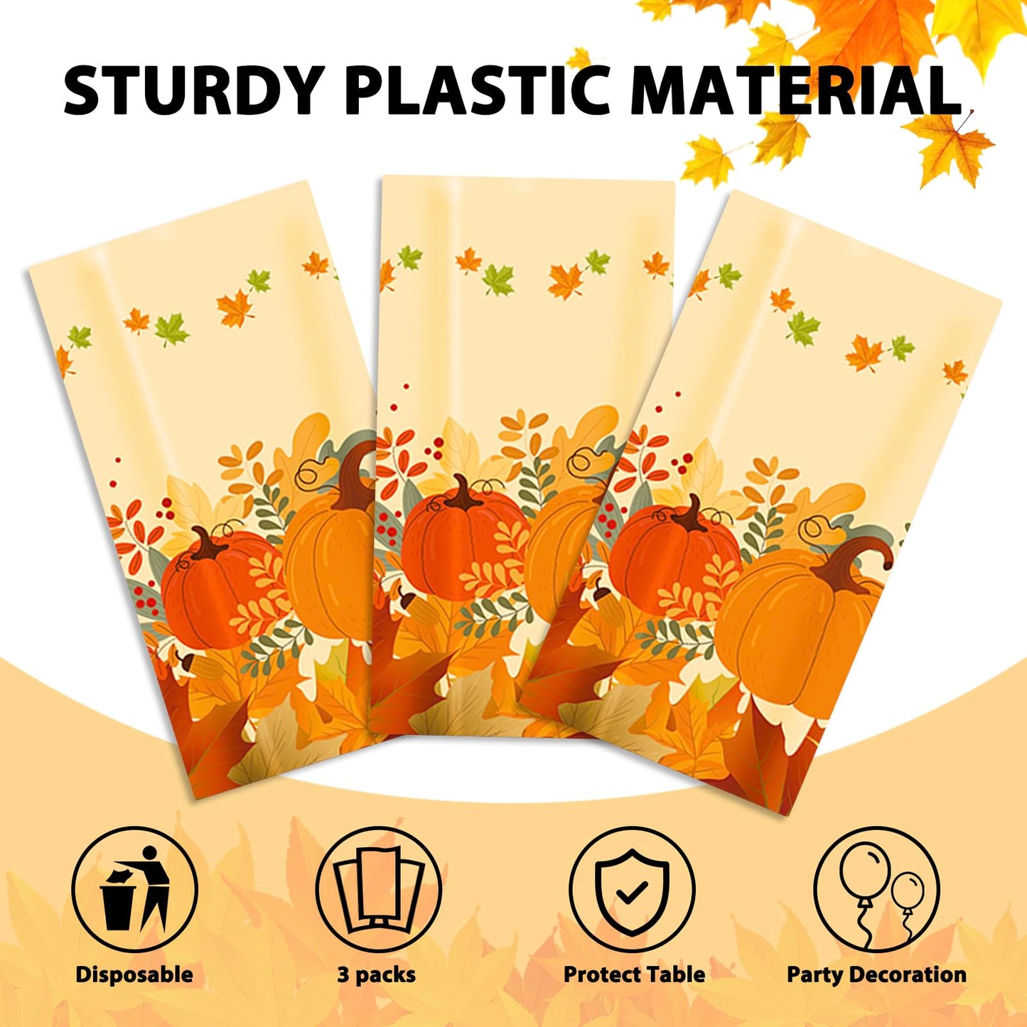 SUNCHARM Einweg-Tischdecken für Thanksgiving, 3-teilig – Rechteckige Kunststoff-Tischdecke mit Kürbismotiv, 137 x 274 cm (54 x 108 Zoll)