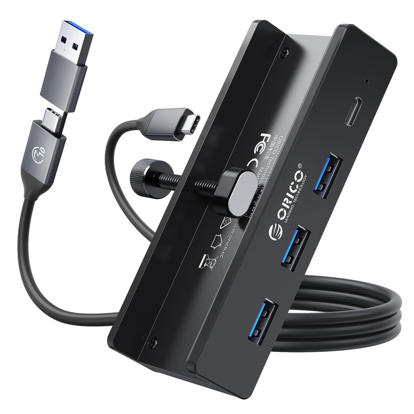 ORICO USB-Hub 3.0, Klemm-USB-Hub mit zusätzlichem Netzteilanschluss, Aluminium-USB-Adapter mit 4 Ports, 3 USB-A-Datenanschlüssen und USB-C-Anschluss für Monitore und Schreibtische (Schwarz)