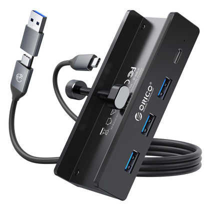 ORICO USB-Hub 3.0, Klemm-USB-Hub mit zusätzlichem Netzteilanschluss, Aluminium-USB-Adapter mit 4 Ports, 3 USB-A-Datenanschlüssen und USB-C-Anschluss für Monitore und Schreibtische (Schwarz)
