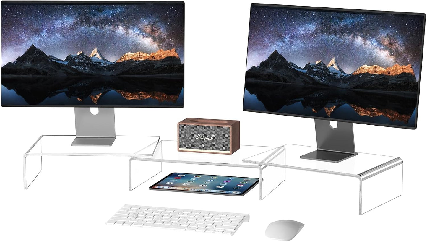 X-cosrack Clear Acrylic Monitor Stand Riser, 3 Shelves Adjustable Dual Monitor Stand with Anti-Slip Mat, Premium Desk Organizer for Home Office, Laptops, PCs, Printers, TVs
