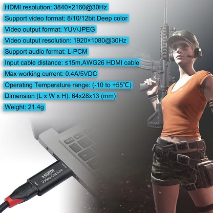 BlueAVS HDMI-zu-USB-Videoaufnahmekarte 1080P für Live-Video-Streaming und Aufnahmen über DSLR-Camcorder und Action-Cam (Schwarz) 