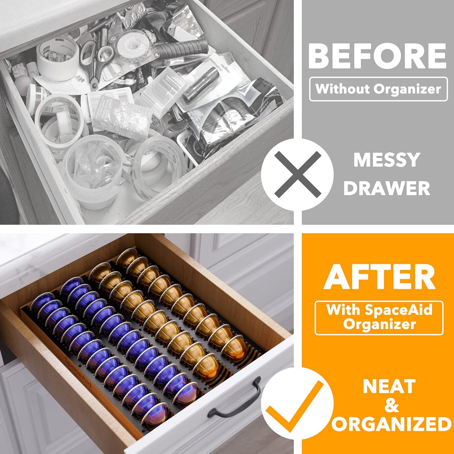 SpaceAid Schubladenorganizer für Nespresso Vertuo Kapseln, Bambus-Halterung und Ablage für Nespresso Vertuo, kompatibel mit 40 großen oder 52 kleinen Vertuoline Kapseln (Schubladeneinsatz)