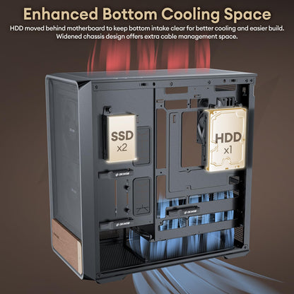 Okinos Air Cross, ATX-Gehäuse aus echtem Walnussholz, 3 × 140-mm-PWM-Lüfter &amp; 2 × 120-mm-Reverse-PWM-Lüfter vorinstalliert, luftstromoptimierte Mesh-Paneele, kompatibel mit Mainboards mit rückseitigem Anschluss, Midi-Tower-PC-Gehäuse, USB-C-Anschluss