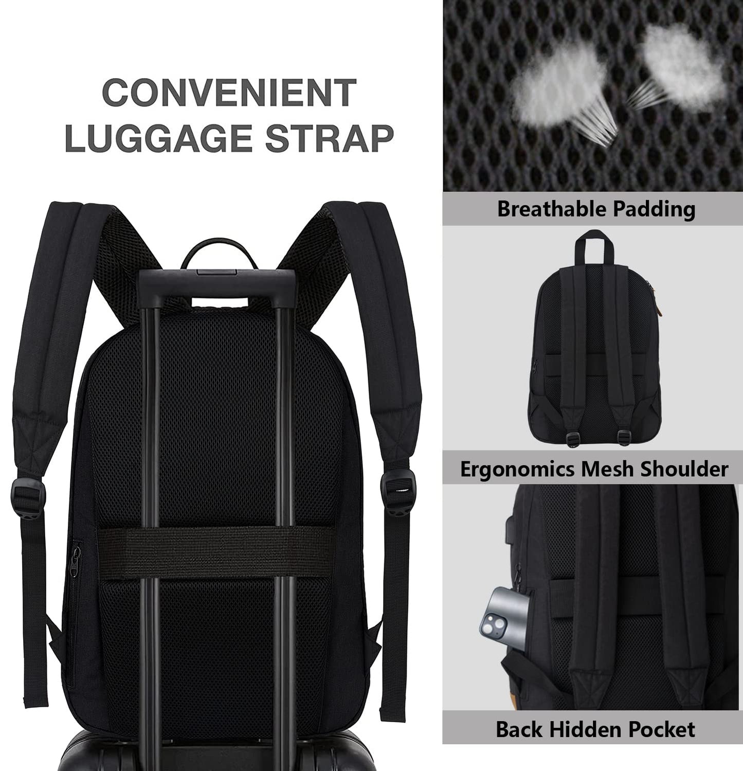 SUPACOOL Leichter Laptop-Rucksack mit USB-Ladeanschluss für Damen und Herren, Doppellagiger Rucksack für Uni, Arbeit, Reisen, Freizeit (Schwarz und Braun)