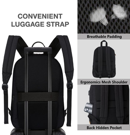 SUPACOOL Leichter Laptop-Rucksack mit USB-Ladeanschluss für Damen und Herren, Doppellagiger Rucksack für Uni, Arbeit, Reisen, Freizeit (Schwarz und Braun)