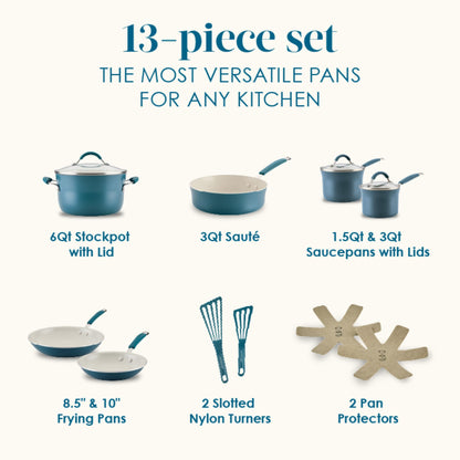 Rachael Ray Cucina Ceramic Cookware Set - 13 Pieces - Ceramic Pots and Pans Set w/Nonstick Frying Pans, Saute Pan, Saucepans, Stockpot, Lids, Pan Protectors & Cooking Utensils - Marine Blue