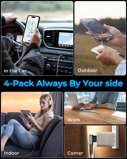 MRGLAS USB-C-auf-USB-C-Kabel 60W [4er-Pack, 3 m + 2 m + 1 m + 0,5 m] [90°, vergoldet] Typ-C-Ladegerät Schnellladen für iPhone 17, 16 Pro Max, 15 Plus, USB-C-Ladekabel für Samsung S25, S24, iPad Pro, MacBook Pro