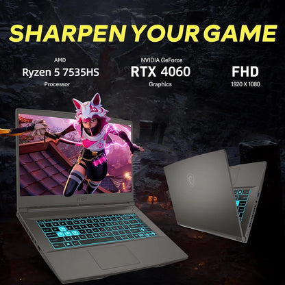 MSI 15,6" 144Hz FHD IPS Gaming-Laptop mit schmalem Rahmen, AMD Ryzen 5 7535HS, NVIDIA GeForce RTX 4060, 32 GB DDR5, 2 TB NVMe SSD, Tastatur mit Hintergrundbeleuchtung, WiFi 6E, Windows 11, Cosmos Gray, faltbarer Laptopständer von EAT