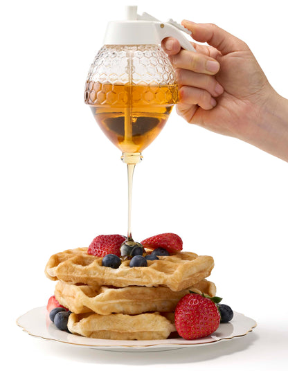 PAULSWAY SAFE Honigspender aus nicht verchromtem Glas, lebensmittelechter ABS-Deckel in Weiß – tropffreies Glas mit Ständer – 237 ml Honigglas – Behälter im Wabendesign – Honigtopf für Honig und Ahornsirup