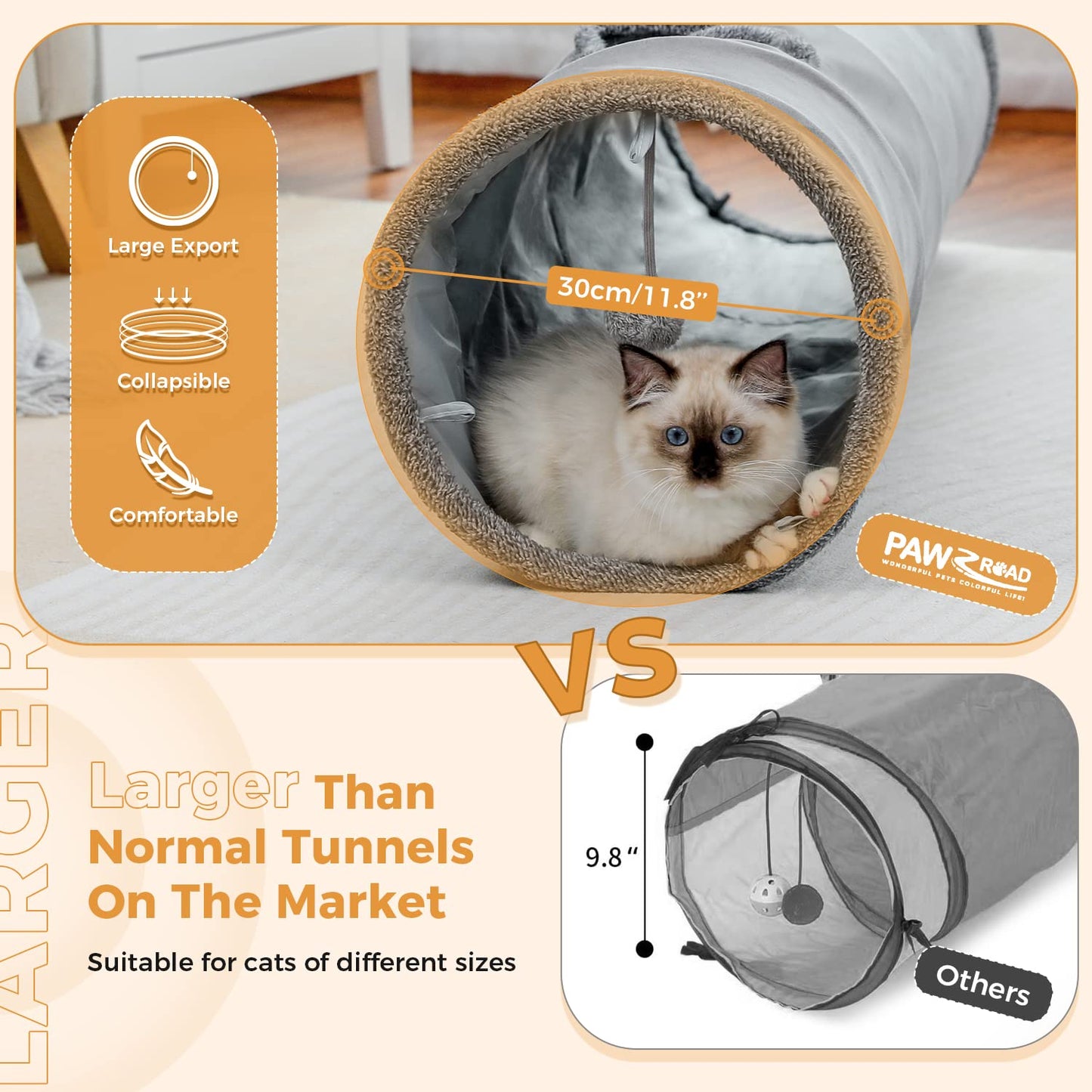 PAWZ Road Katzentunnel, 130 cm lang, zusammenklappbarer Tunnel mit 30 cm Durchmesser, geeignet für große Katzen, Kaninchen und Welpen – Groß