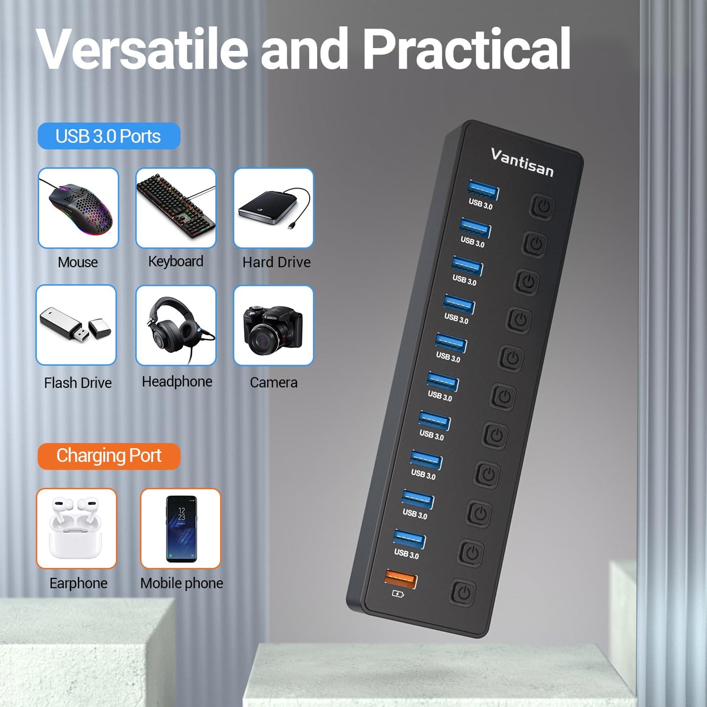 Aktiver USB-Hub, 11-Port-USB-3.0-Hub-Splitter – 10 USB-3.0-Datenübertragungsports + 1 intelligenter Ladeanschluss, USB-3.0-Hub mit individuellen LED-Ein-/Ausschaltern und 5V/4A-Netzteil