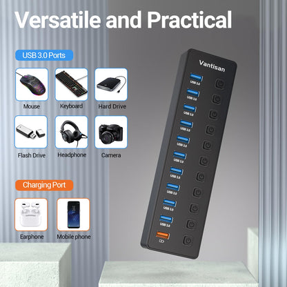 Aktiver USB-Hub, 11-Port-USB-3.0-Hub-Splitter – 10 USB-3.0-Datenübertragungsports + 1 intelligenter Ladeanschluss, USB-3.0-Hub mit individuellen LED-Ein-/Ausschaltern und 5V/4A-Netzteil