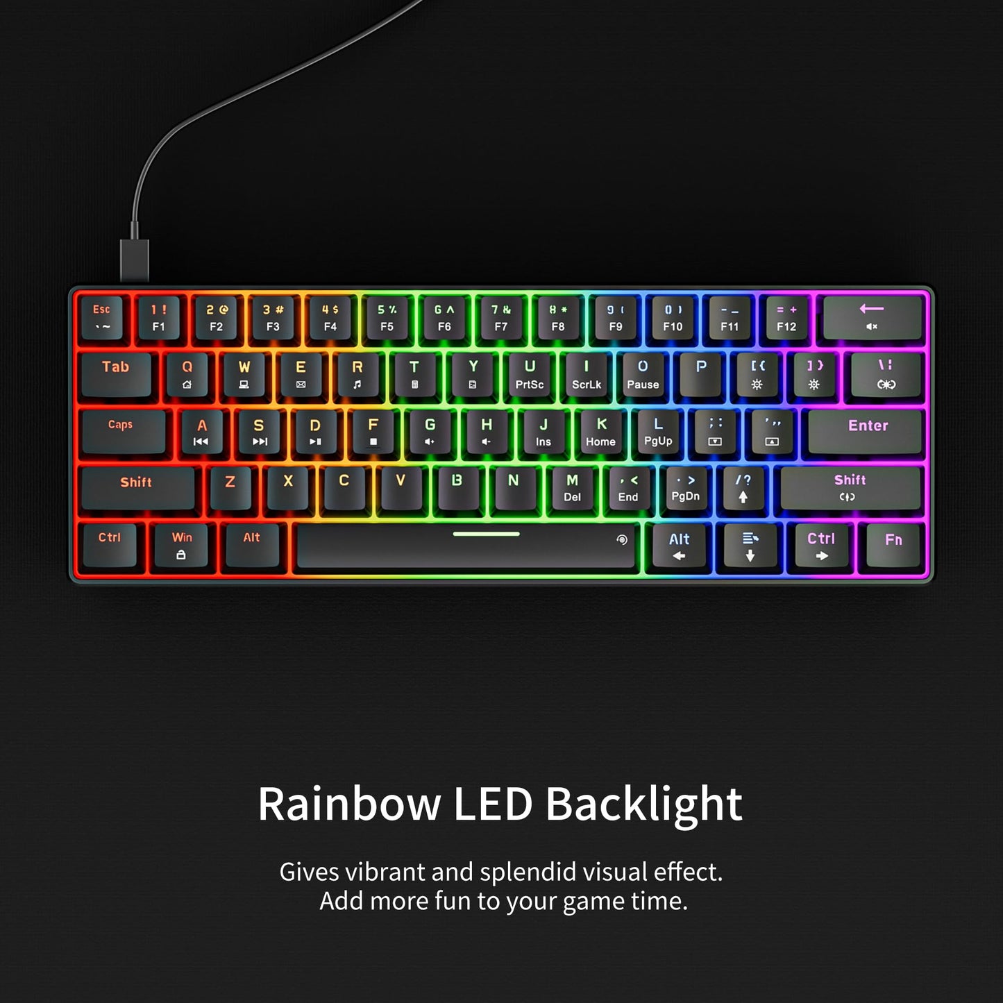 Newmen GM611 Mechanical Keyboard,Rainbow LED Backlit Gaming Wired Keyboards Compact Mini 61 Keys Portable 60 Percent Mechanical Keyboard with Black Keycaps,for Windows Laptop PC Linear Red Switches