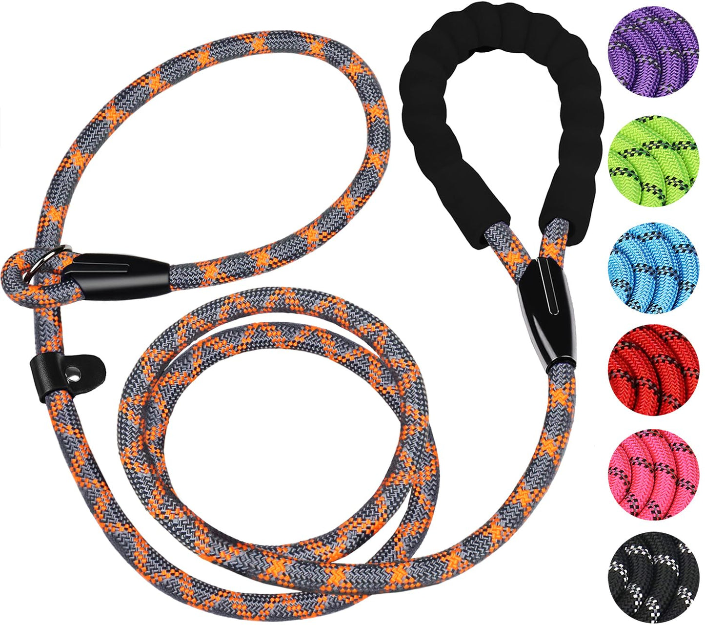 Hundeleine, 1,8 m lange, robuste Hundeleine, strapazierfähige Premium-Qualität, starke Seil-Schlupfleine mit komfortablem, gepolstertem Griff und hochreflektierenden Fäden für kleine, mittlere und große Hunde, (Schwarz) 