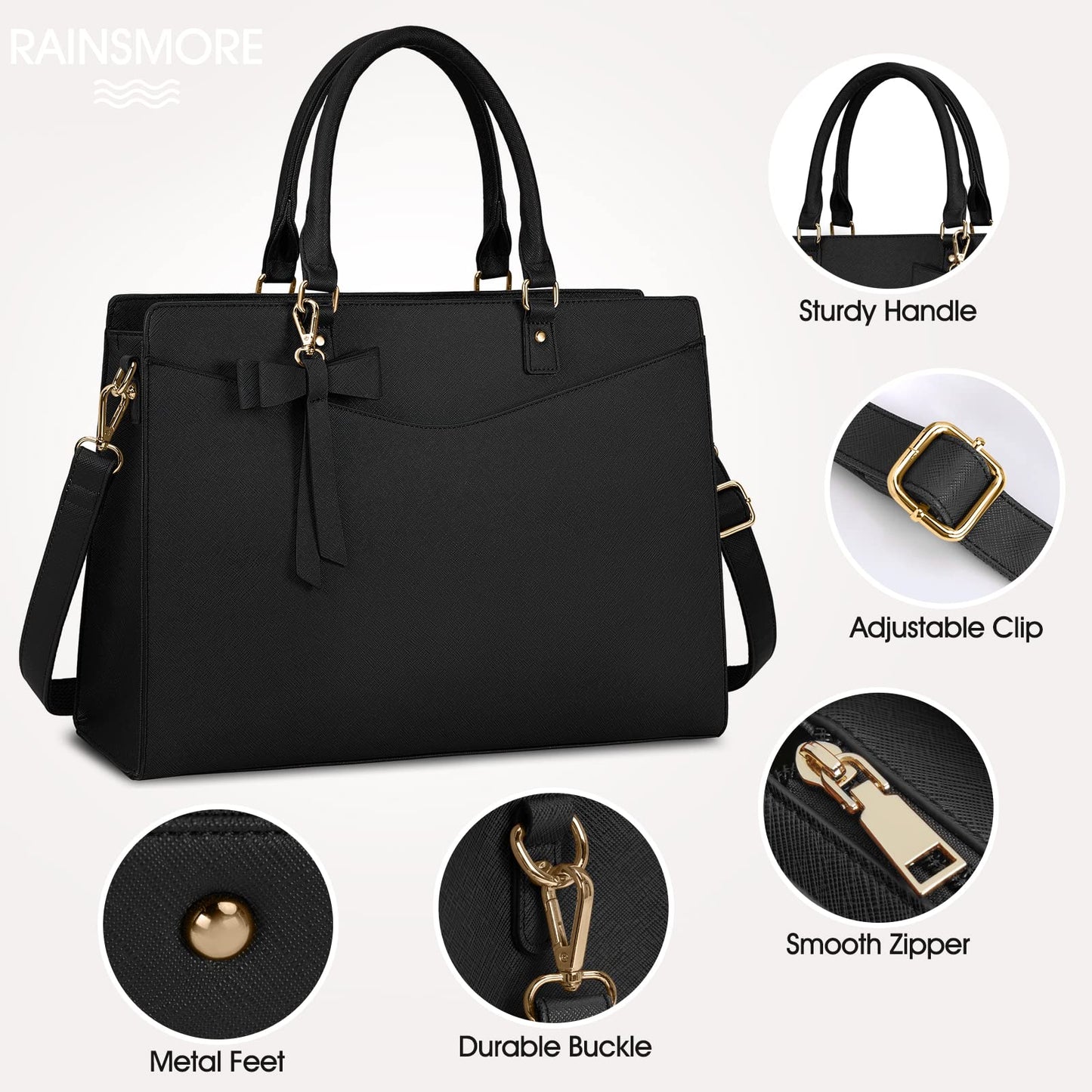 RAINSMORE Laptoptasche für Damen, 15,6 Zoll, PU-Tragetasche, Business-Bürotasche, wasserdichte Aktentasche, Computertasche, leichte Handtasche, Schultertasche, Schwarz