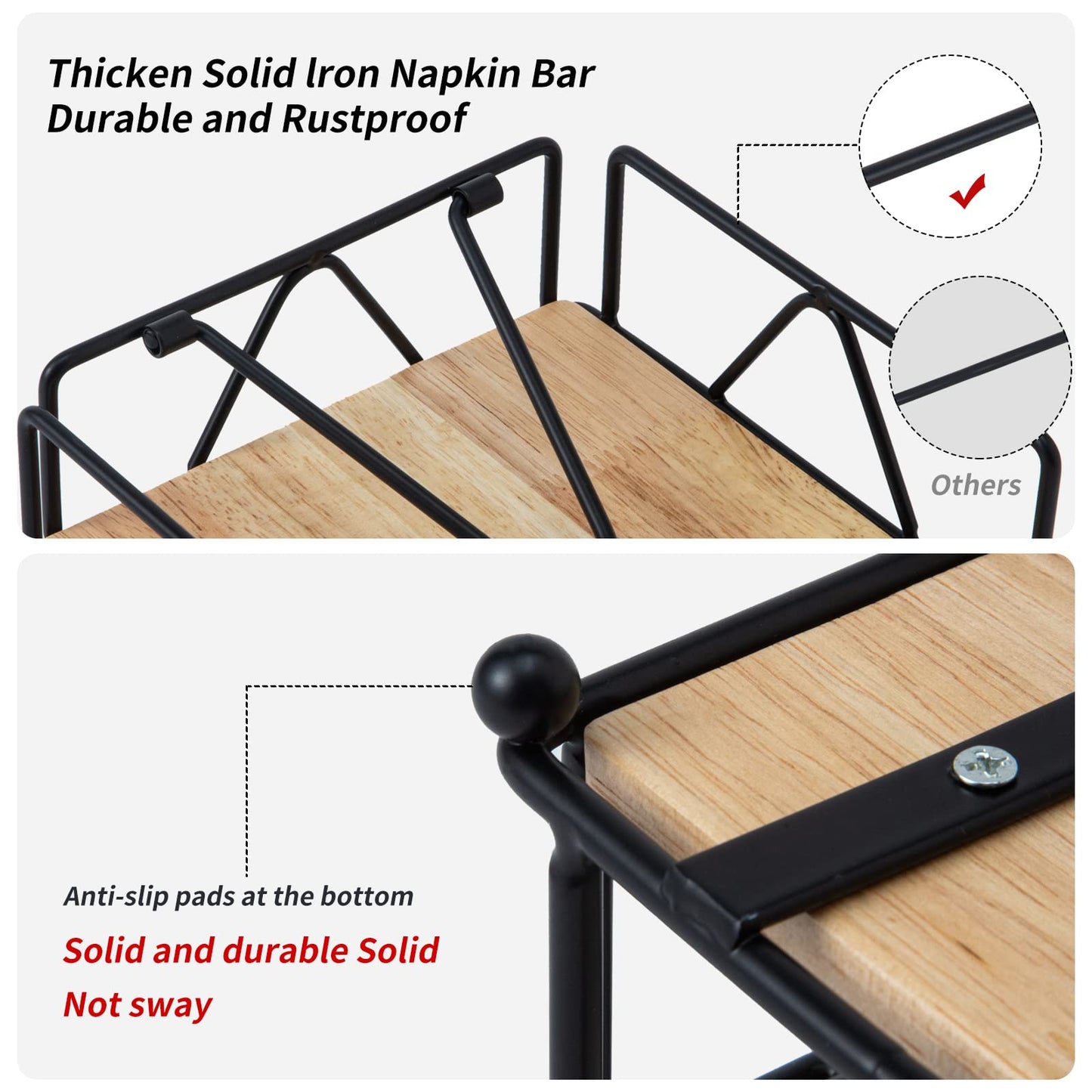 Quadratischer Serviettenhalter – Robuster Tischserviettenspender mit beschwertem Arm, Serviettenaufbewahrung aus Metall mit Holzsockel, Serviettenhalter im Landhausstil für Tisch, Küche und Arbeitsplatten (Schwarz)