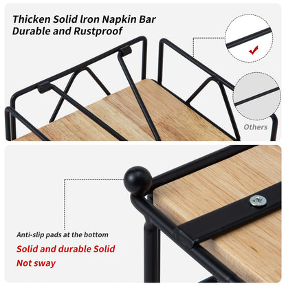 Quadratischer Serviettenhalter – Robuster Tischserviettenspender mit beschwertem Arm, Serviettenaufbewahrung aus Metall mit Holzsockel, Serviettenhalter im Landhausstil für Tisch, Küche und Arbeitsplatten (Schwarz)