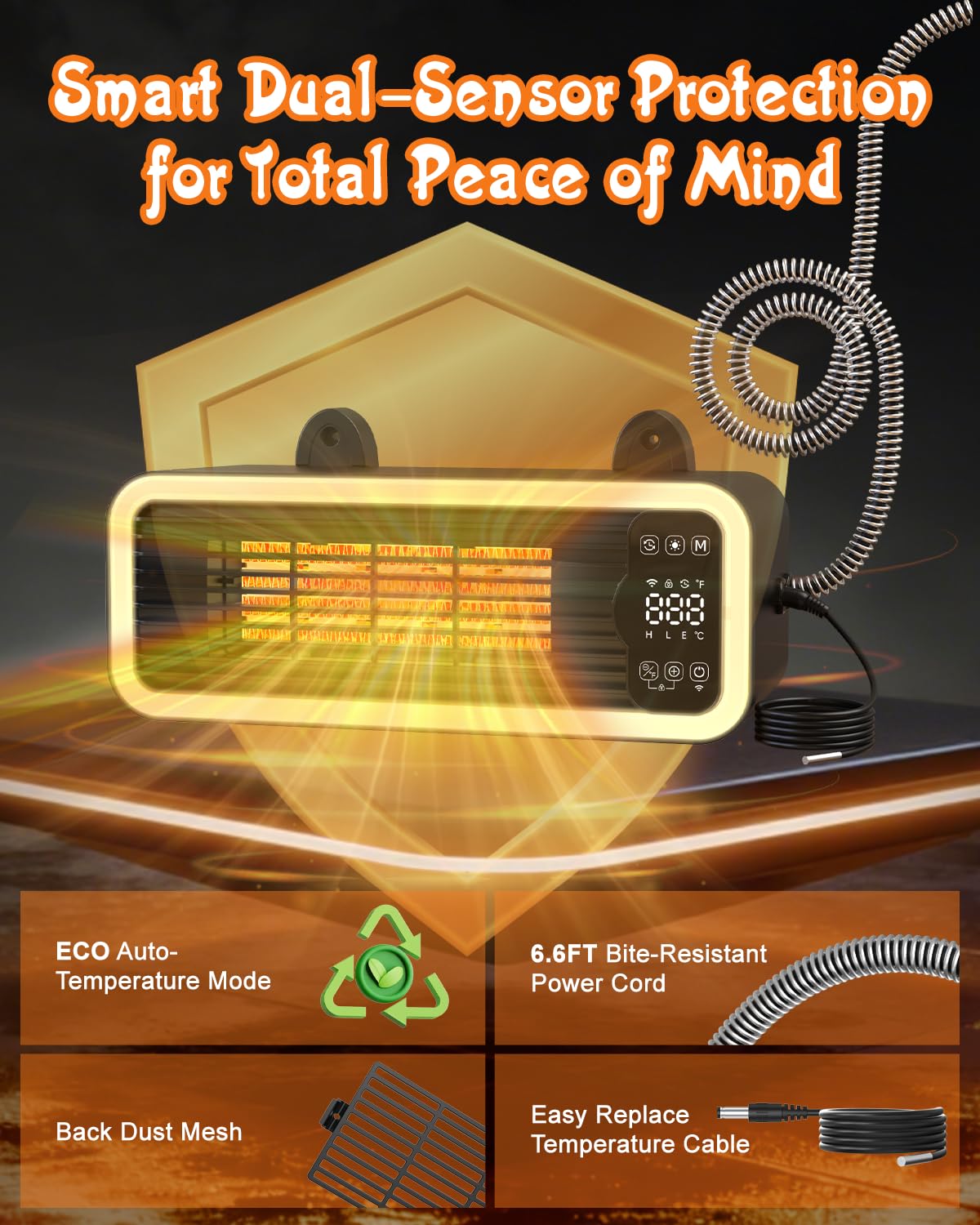 Intelligente WLAN-Hundehüttenheizung mit Thermostat, 1200 W, bissfest, sicher für den Außenbereich, für Zwinger, Eco-Modus und sanftes Licht