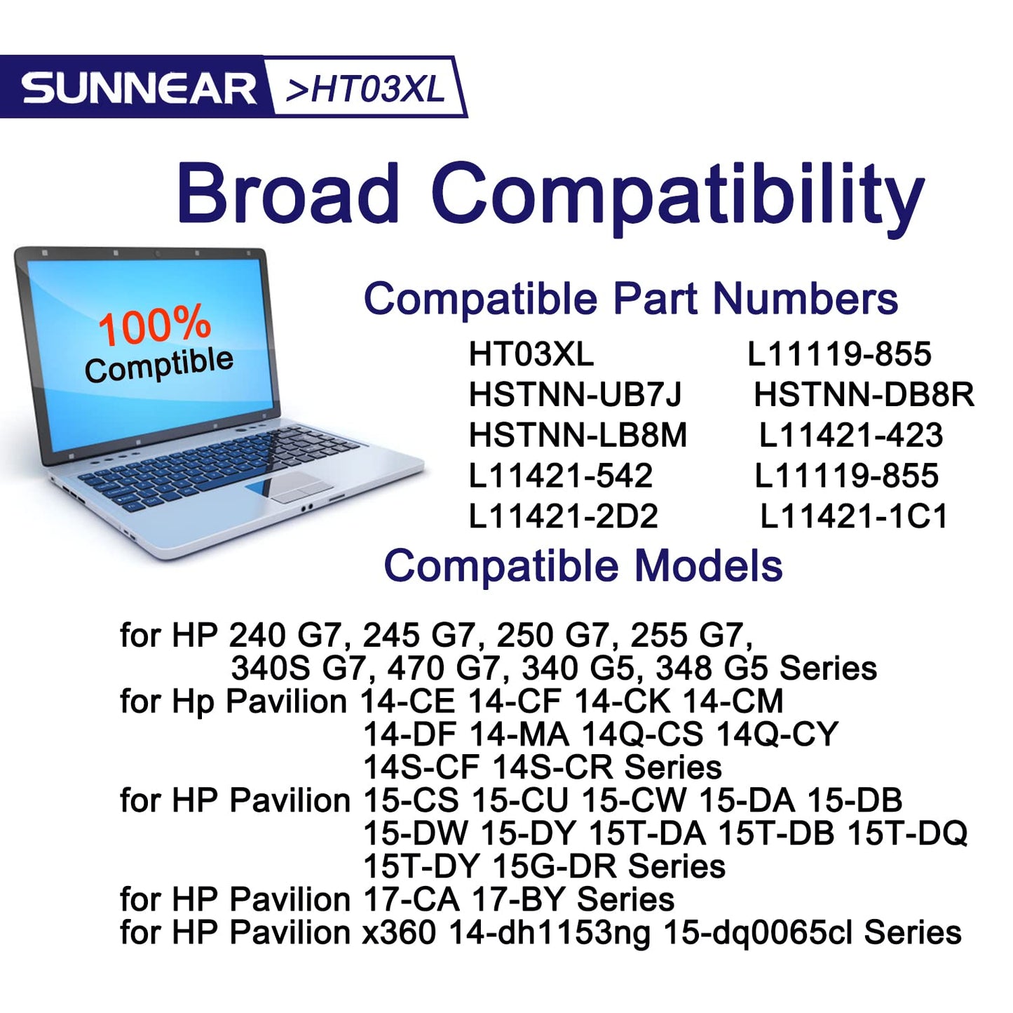 SUNNEAR HT03XL L11119-855 Akku für HP Pavilion 14Q-CS 14-CE 14-CF 14-CK 14-DF 14-DQ 15-DA 15-DB 15-DW 15-DY LPD1071 17-by 17-CA 15Q X360 14-DH 14M-DH0003DX 15T-CS200 15-CW1XXX 15-CS0053CL HTO3XL