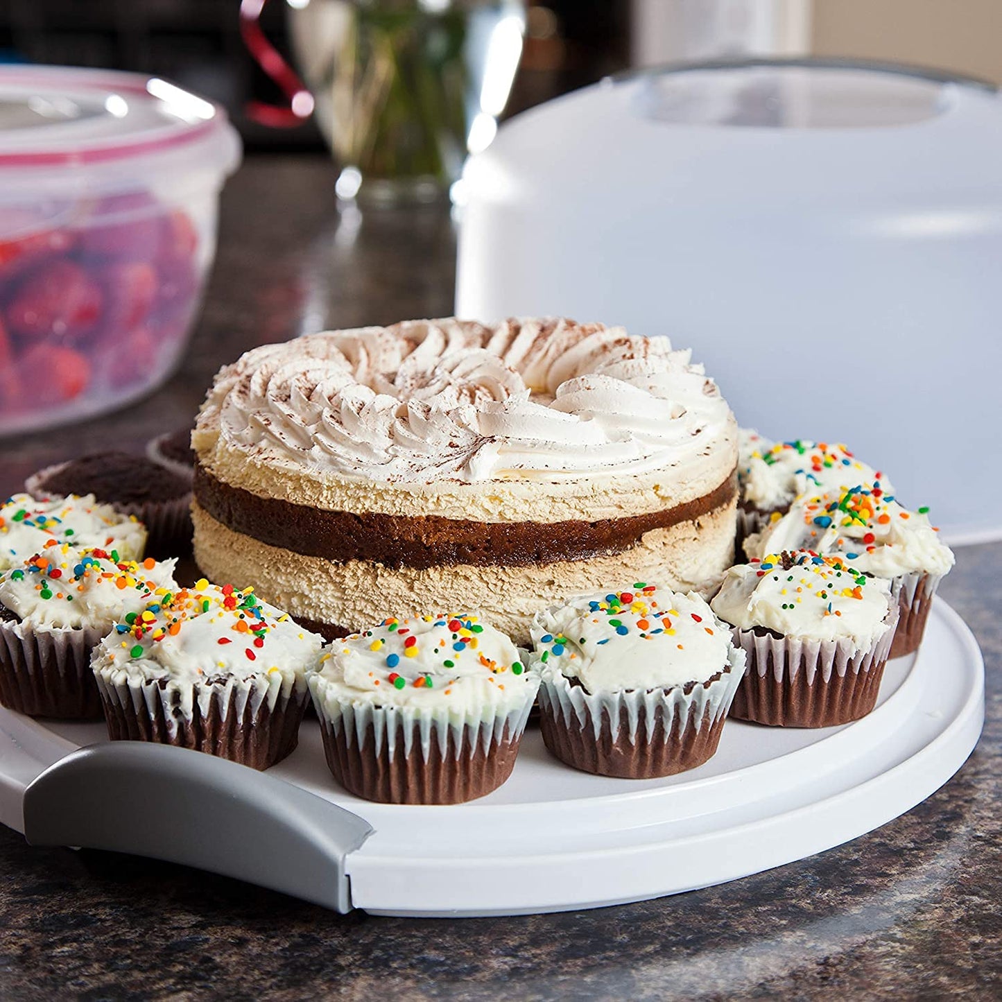 Sterilite Tortenheber, runder Servierbehälter, weiß