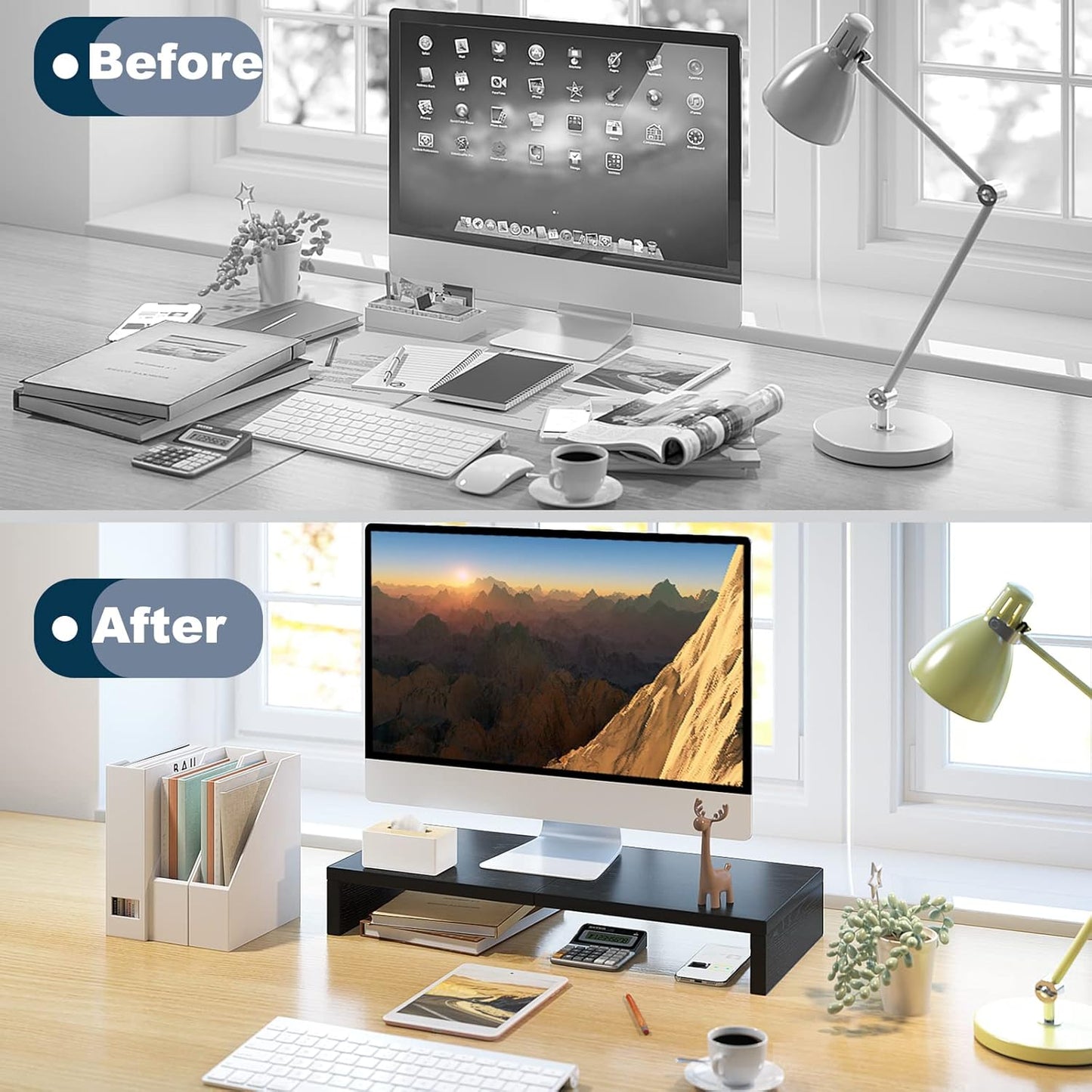 TEAMIX 20-Zoll-Monitorständer, schwarzer Desktop-Ständer für PC/TV/Laptop/Drucker, Monitorständer aus Holz mit Ablagefach, Computerständer mit Tastaturablage 