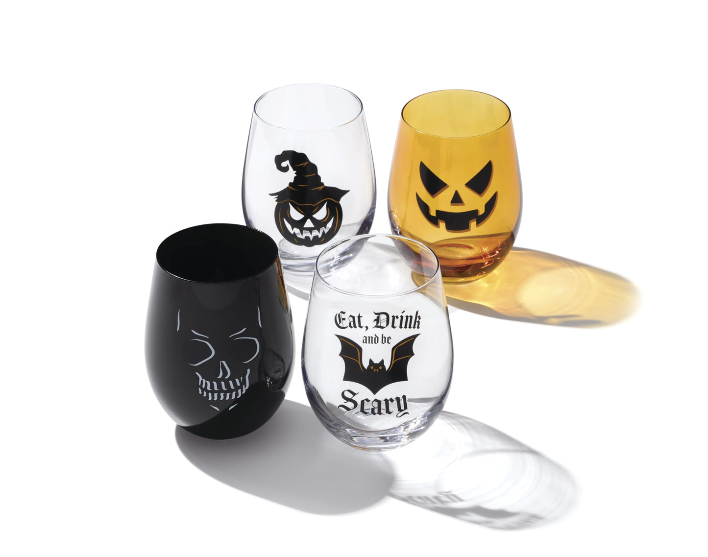 Oneida Barware, Vintro Halloween Stiellose Weingläser, 4er-Set, Spülmaschinenfest, Aus Glas, Gruseliges Trinkgläser-Set, Halloween-Dekoration für den Innenbereich, Skelette und Fledermäuse als Design (4-teilig, 532 ml)