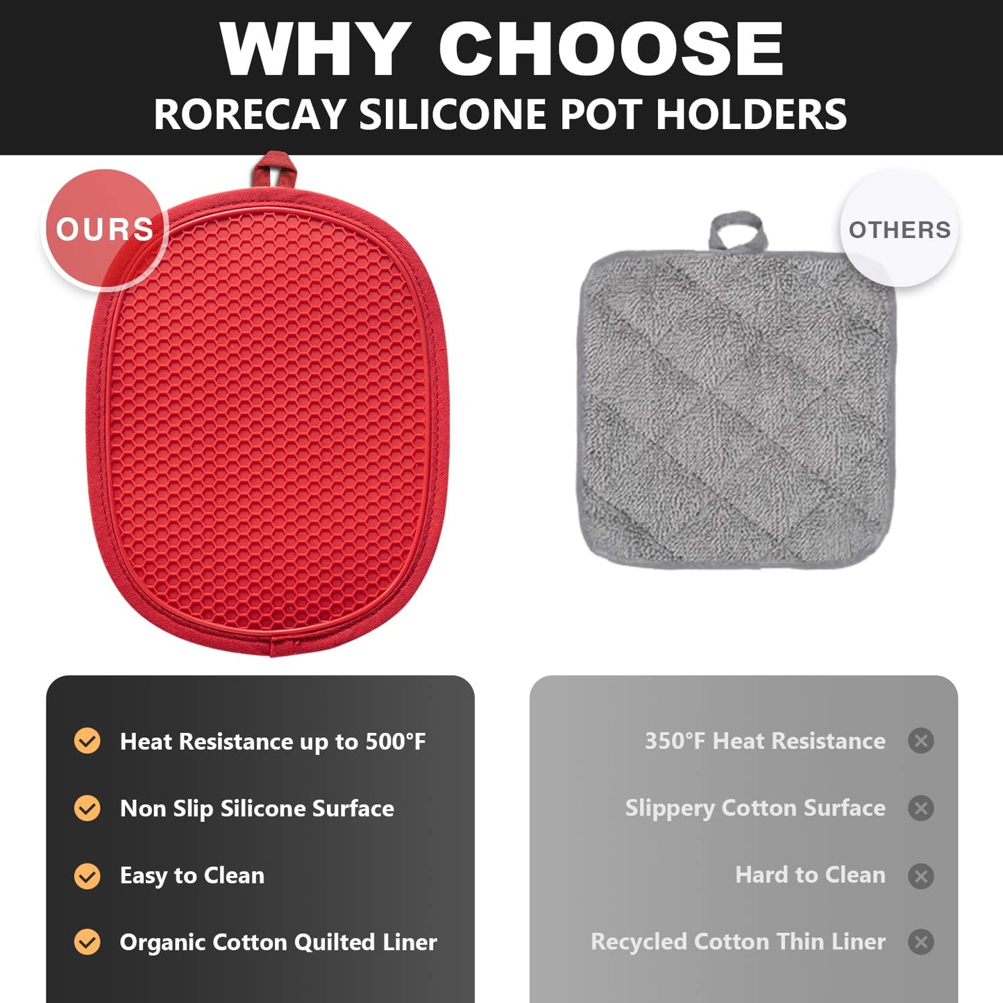 2-Pack Silicone Pot Holders for Kitchen Heat Resistant up to 500°F, Non-Slip Large Hot Pads with Pocket, Quilted Liner Trivets for Countertops Hot Pots and Pans (Gray)