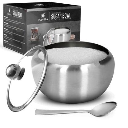 Zuckerdose mit Deckel und Löffel | 350-ml-Zuckerbehälter für die Kaffeebar | Edelstahlbehälter für Salz, Tee, Bonbons, Würfelzucker, braunen Zucker, Ghee | Aufbewahrungszubehör für die Küchenarbeitsplatte | 350 ml