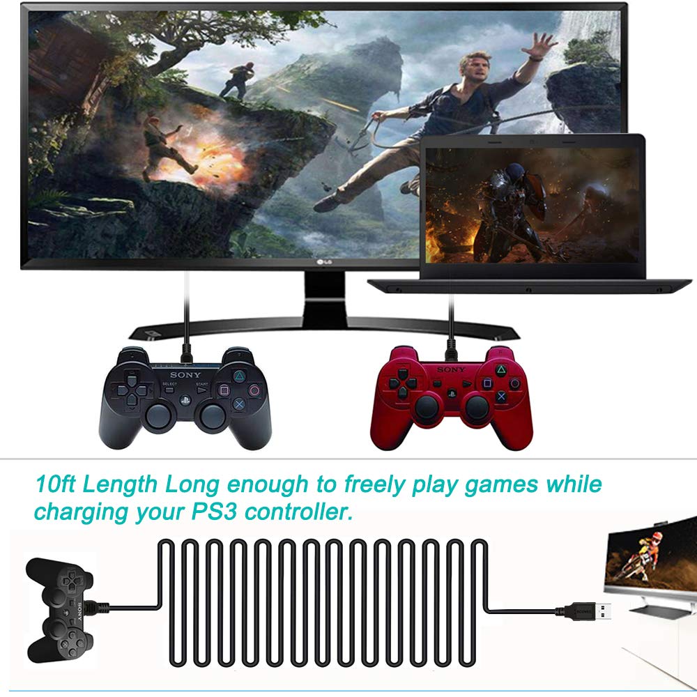 SCOVEE PS3 Controller-Ladekabel, 2er-Pack, 3 m langes PS3-Ladekabel für Sony PlayStation 3 Controller DualShock 3 PS Slim PS Move Wireless Game Remote, langes Mini-USB-Kabel zum Laden und Datenaustausch