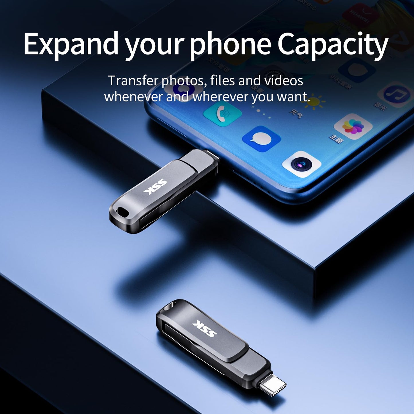 SSK USB 3.2 Flash-Laufwerk 64 GB, bis zu 200 MB/s Lesegeschwindigkeit, USB-C-Speicherstick, Dual-USB-C-Stick mit USB Typ-C- und USB-A-Anschluss, robuster schwarzer Metall-Stick für Smartphones, Tablets, Macs, Laptops, Auto und Fernseher