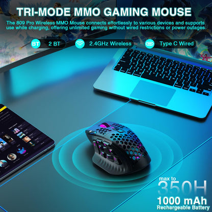 SOLAKAKA SM809 Pro Gaming-Maus mit 9 Seitentasten, 24000 DPI RGB-Maus für Gamer, 16 programmierbare Makros, MMO-Maus, Schwarz
