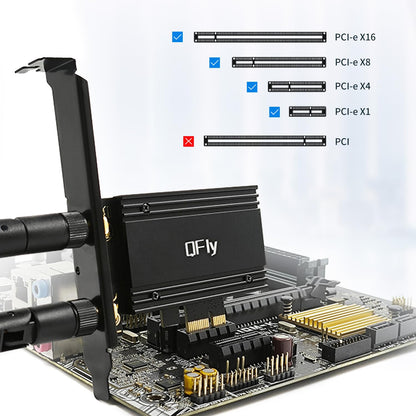 QFly PCIe WiFi 6E Karte, AX210 Netzwerkkartenadapter für PC-Gaming, Bluetooth 5.3, Tri-Band (802.11ax) 5400Mbps 6GHz Wireless LAN Karten mit MU-MIMO, OFDMA, Unterstützt Windows 10/11 (64-Bit)