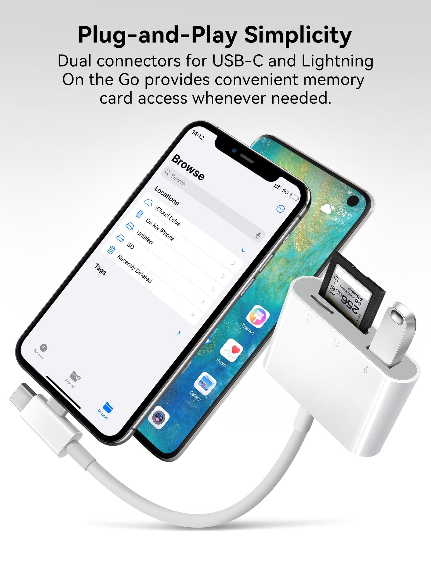 OPxjzws SD-Kartenleser für iPhone, SD-Kartenadapter mit Lightning- und USB-C-Dualanschlüssen, Plug &amp; Play, unterstützt microSD, SD und USB-A OTG, tragbarer Speicherkartenleser für Wildkameras, kompatibel mit iPhone, Mac, MacBook und iPad