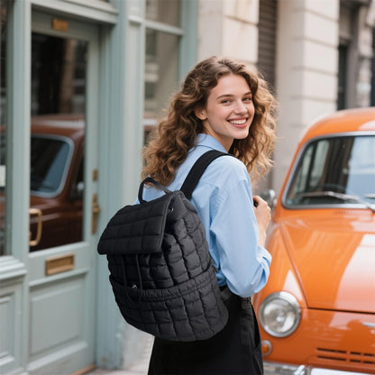 Schwarzer RCRZQ Puffer-Rucksack für Damen, leichter, gesteppter Laptop-Tagesrucksack mit Kordelzugverschluss und stilvollem Diebstahlschutz für Reisen