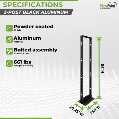 NavePoint 45U 2-Pfosten-Serverschrank mit offenem Rahmen für 19-Zoll-Geräte, AV-, Netzwerk-, Daten- und IT-Geräte, 2-Pfosten-Schrank, 45 HE, Tragfähigkeit 400 kg, Schwarz