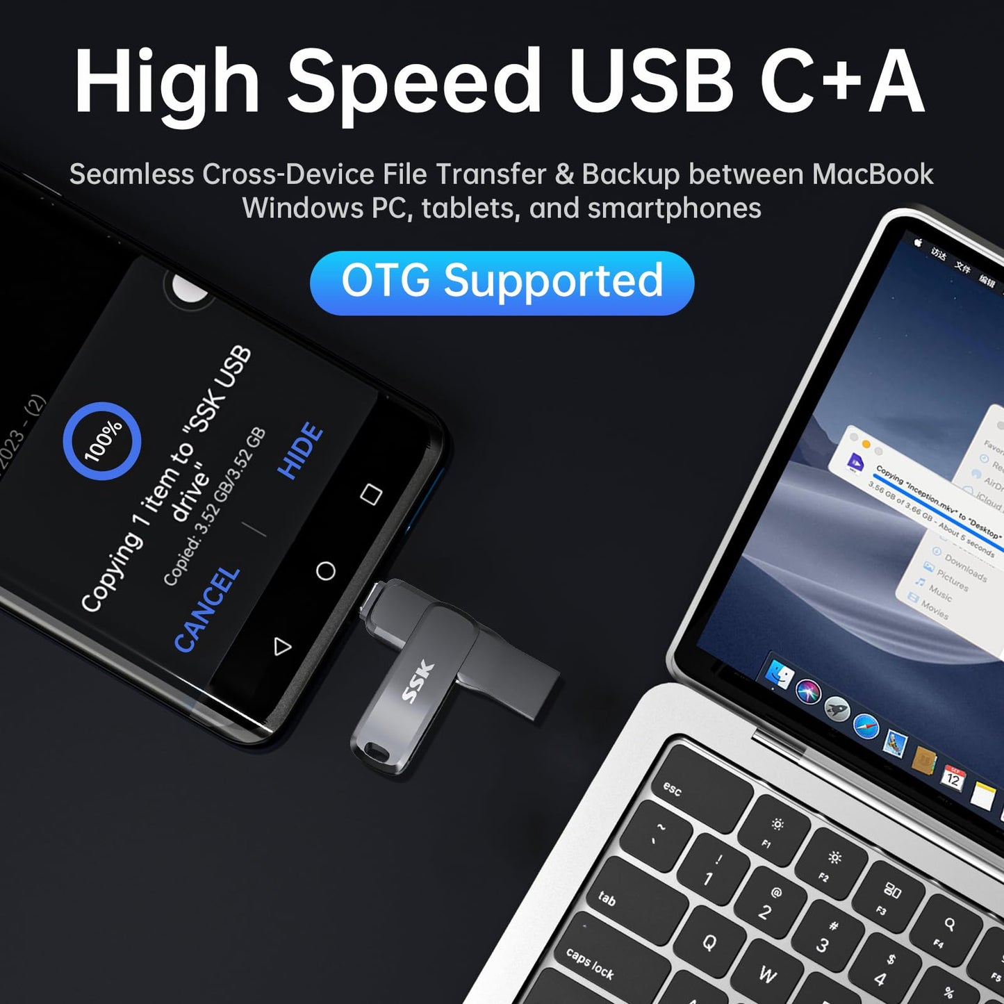 SSK USB 3.2 Flash-Laufwerk 64 GB, bis zu 200 MB/s Lesegeschwindigkeit, USB-C-Speicherstick, Dual-USB-C-Stick mit USB Typ-C- und USB-A-Anschluss, robuster schwarzer Metall-Stick für Smartphones, Tablets, Macs, Laptops, Auto und Fernseher
